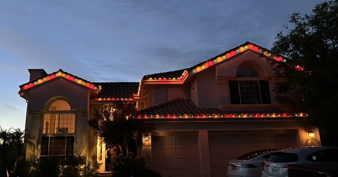 Christmas Light Installation: gables and garage traced with C9 Christmas lights